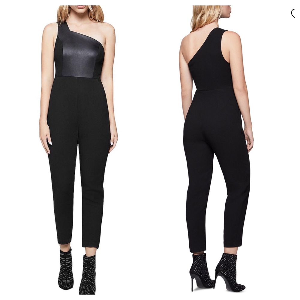 BCBG Black Faux Leather Trim One Shoulder Jumpsuit 2 NWT